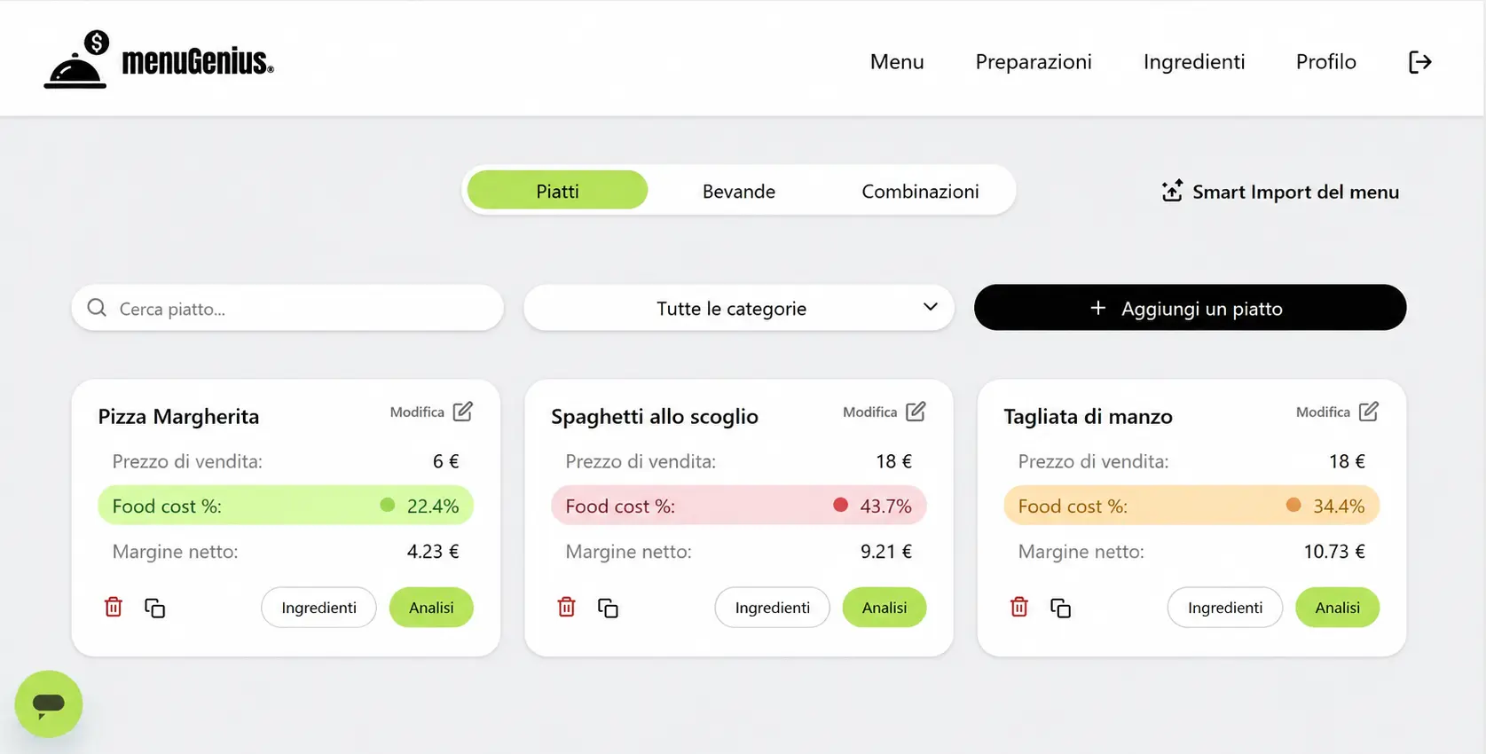 Interfaccia Menu Genius — gestione piatti e food cost