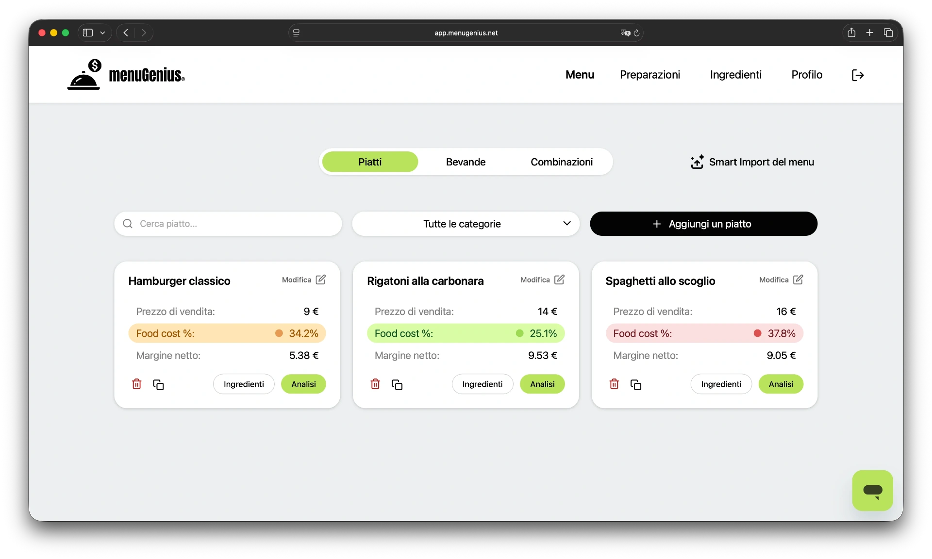 Dashboard menuGenius — analisi food cost